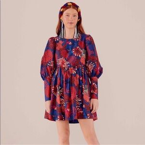FARM RIO ANTHROPOLOGIE Leopard Jungle Animals Tapestry Puff Sleeve Mini Dress L
